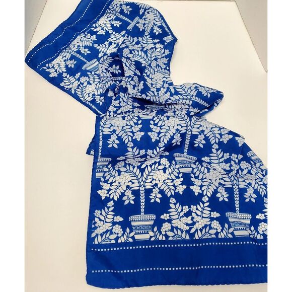 VTG Scarf Robinson Golluber Cornflower Blue/White Topiary Flower Poly Rectangle - Picture 2 of 5